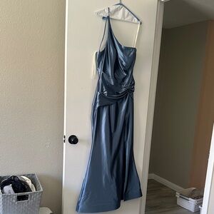David's Bridal One-Shoulder Satin Dress in Blue
